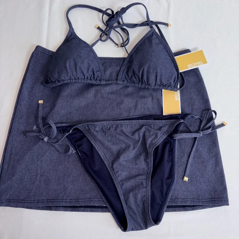 Michael Kors Bikini Set Size Large Blue 3 Piece Triangle Top Tie Bottom Skirt